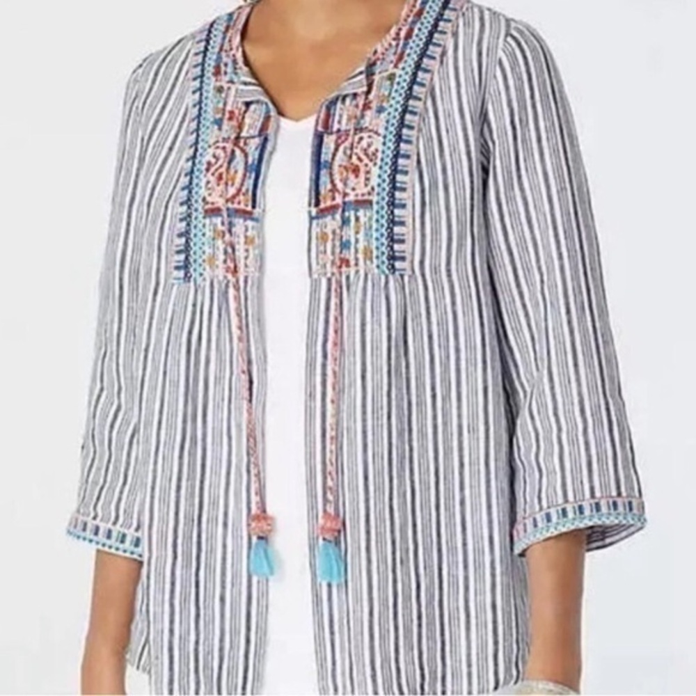 J Jill Open Front Linen Boho Cotton Topper, XL